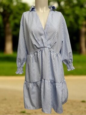 Blue and White Striped Long-Sleeve Tiered V-Neck Dress